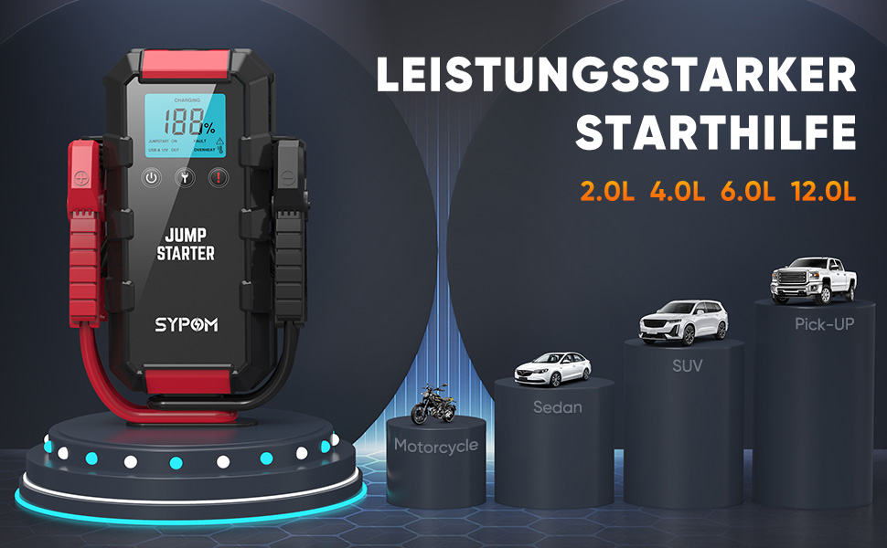 Портативний пусковий пристрій для автомобіля: 6000A, 12V, LED-ліхтарик, для бензинових та дизельних двигунів до 12.0L
