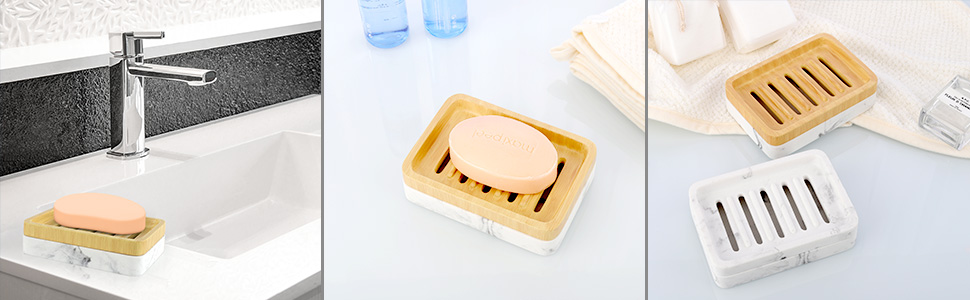 Підставка для мила MoKo Harz з подвійним шаром, швидковисихаюча, знімний контейнер для води, для кухні, ванної кімнати, душу - білий мармур