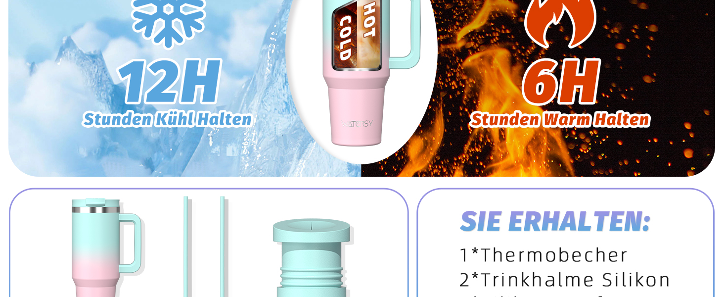 Термокружка WATERSY 1.2L з 2 трубочками, 1200 мл, витікoзахисний, вакуумна ізоляція, BPA free, ретро-зелений/бонбон-рожевий