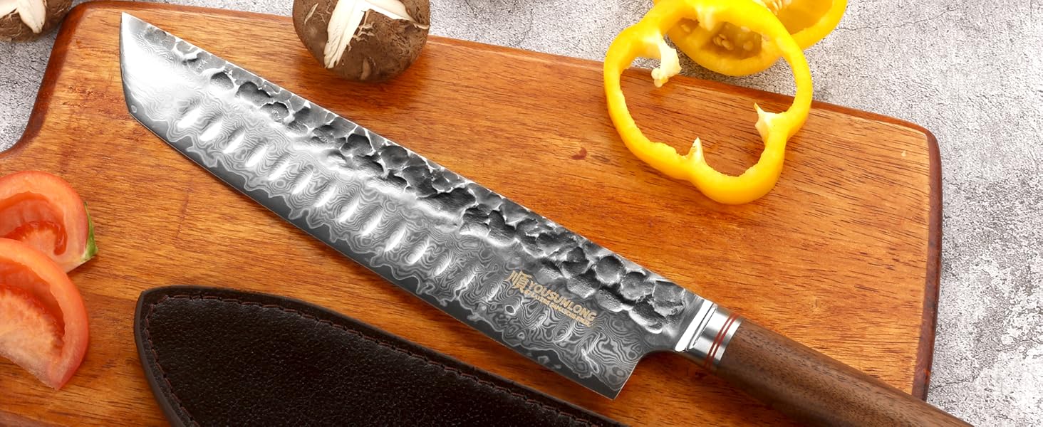 Японський кухонний ніж YOUSUNLONG Gyuto 255мм з дамаської сталі - професійний кухонний ніж з дерев'яною ручкою та піхвою