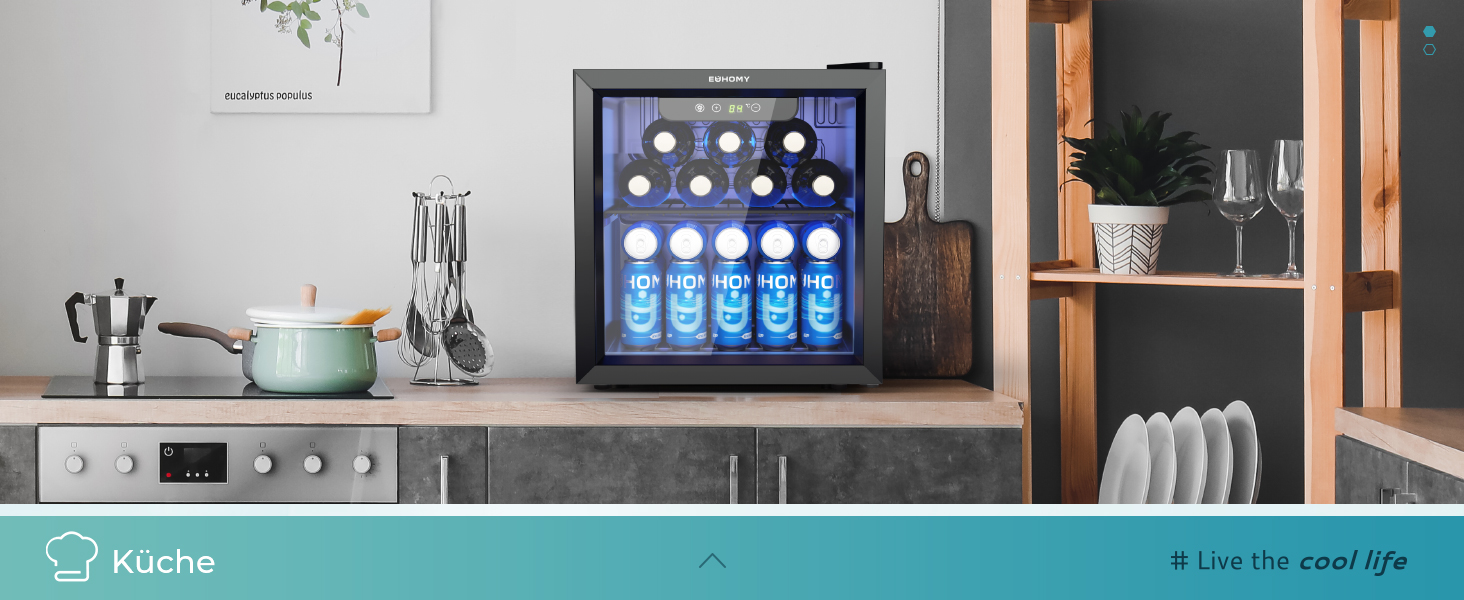 Міні-холодильник EUHOMY для напоїв на 55 банок, чорний, 36L, з дверцятами з прозорого скла, LED-підсвітка, тихий (43dB), для офісу, кімнати, бару