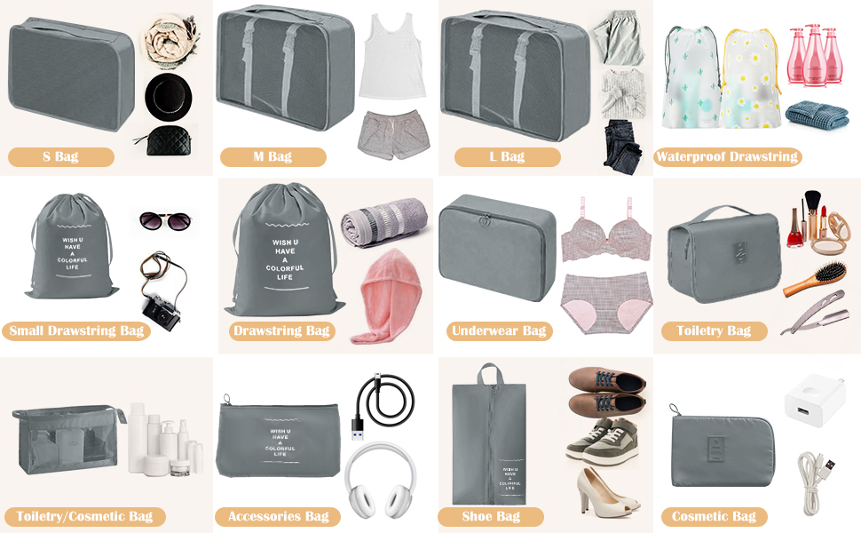 Набір органайзерів для валізи 13 шт., Packing Cubes, водонепроникні органайзери для подорожей та відпустки, дорожній органайзер з прозорими сумками (Сірий)