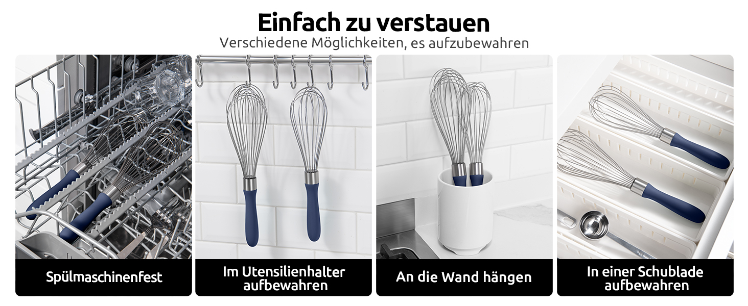 Міксер кухонний U-Taste, 30 см, нержавіюча сталь 18/10, 12 гнучких дротів, силіконовий грифель, для тіста та соусів, великий, колір: Місячна блакить