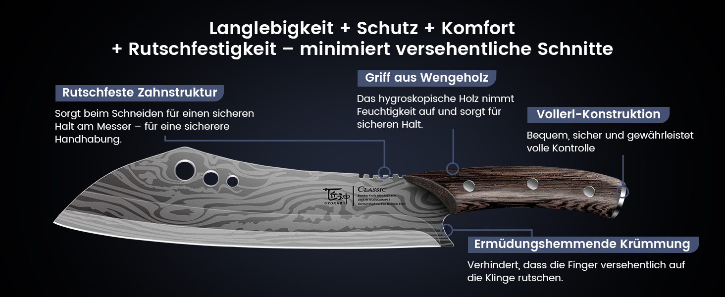 Японський кухонний ніж для м'яса та нарізки Damast Metzgermesser 25.4 см - високовуглецева сталь, повний дерев'яний хвостовик, скребок для зелені