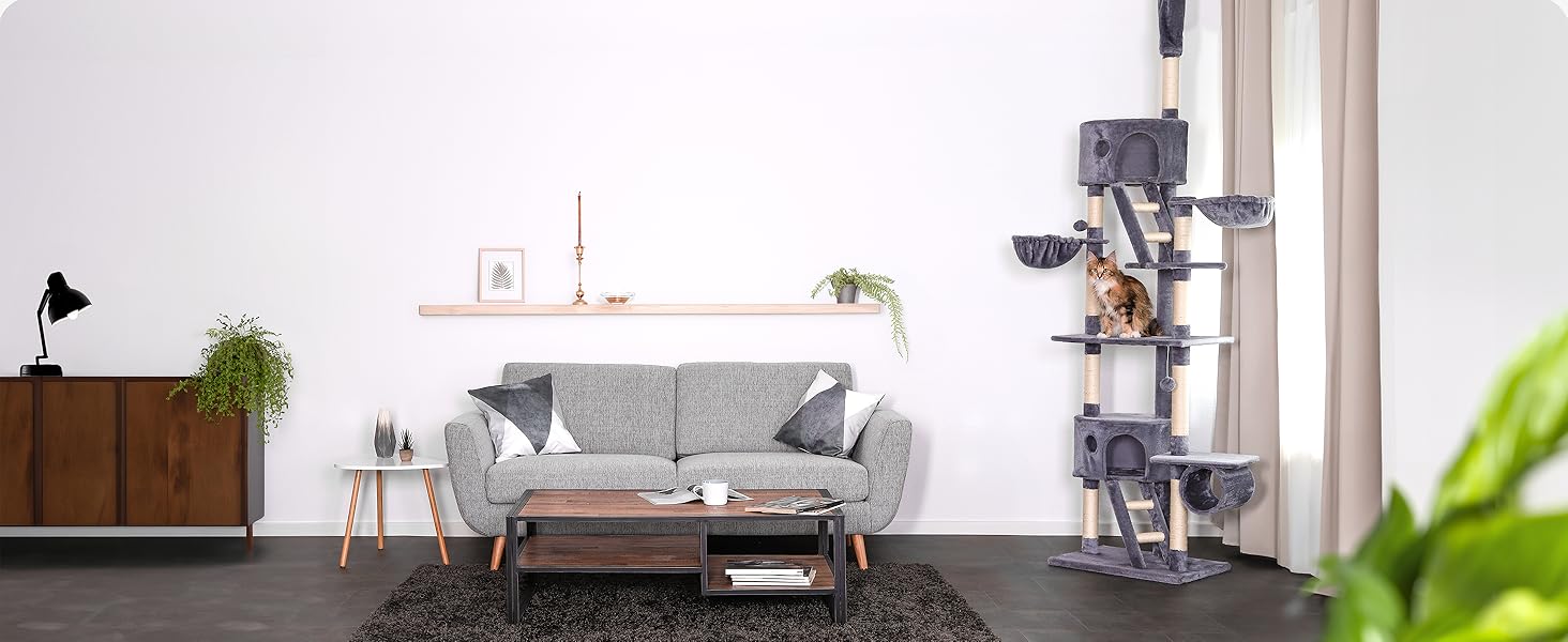 Драбина для котів Lionto XXL з сизалю та плюшу, 230-250 см. Комплектація: іграшкові м'ячики, дзвіночки, гамак, тунель, печери. Підходить для котів будь-якого розміру, сірий колір