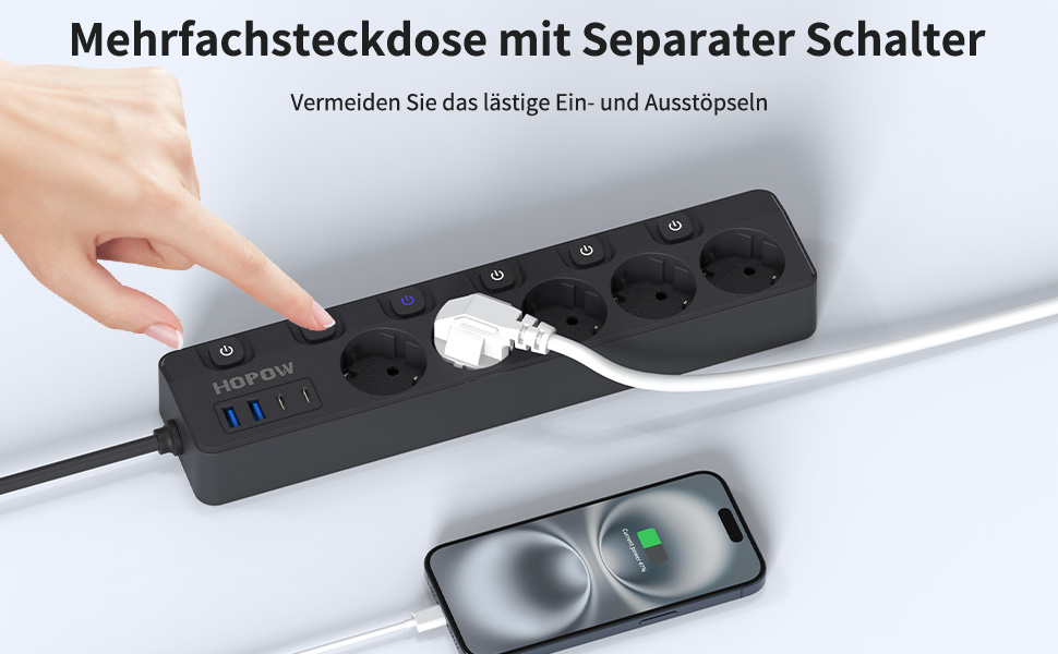 Мережевий фільтр 9-в-1 з індивідуальним вимикачем, 5 розеток, 4 USB-порти (3680W, 16A), захист від перенапруги 1050 Дж, настінний монтаж, 2 м кабель - для дому, офісу та подорожей, чорний