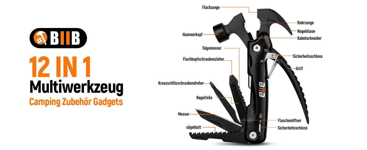 Мультитул BIIB 12-в-1: Подарунок для чоловіків на Різдво, День батька, День народження. Мультиінструмент для кемпінгу, адвент-календаря. Преміум якість, чорний.