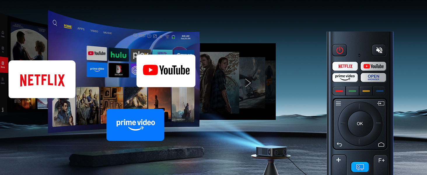 Смарт-проектор Toptro 4K Home Cinema, 1500 ANSI люмен, Full HD 1080p, Netflix, Dolby Audio, двосторонній Bluetooth, WiFi, AI-автофокус та корекція трапеції, для дому та вулиці, чорний