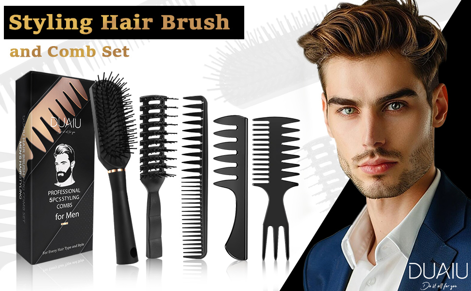 Набір для чоловічого стайлінгу DUAUIU: гребінець для волосся, щітка, текстурування, розчісування, укладання. Чорний колір.