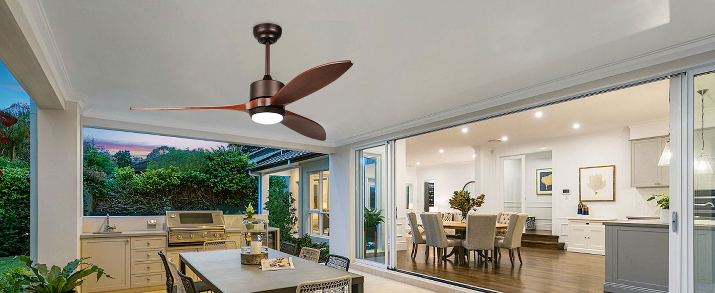 Стеляний вентилятор Reiga з дерев'яною обшивкою, 165 см, великий, DC-двигун, керування пультом та Smart Home, 6 швидкостей, колір дерево, для внутрішнього/зовнішнього використання, з підсвічуванням