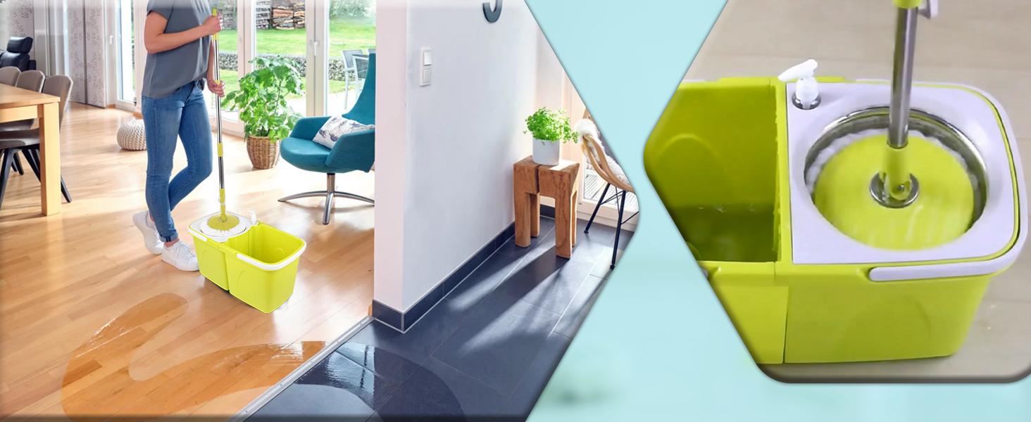 Набір для миття підлоги ARSUK з відром та механічним віджимом – набір для прибирання будинку | Відро для миття підлоги з мікрофіброю та 360° обертанням – ідеально для паркету, плитки та ламінату | 4 змінні насадки та утримувач для швабри з ароматом лимона