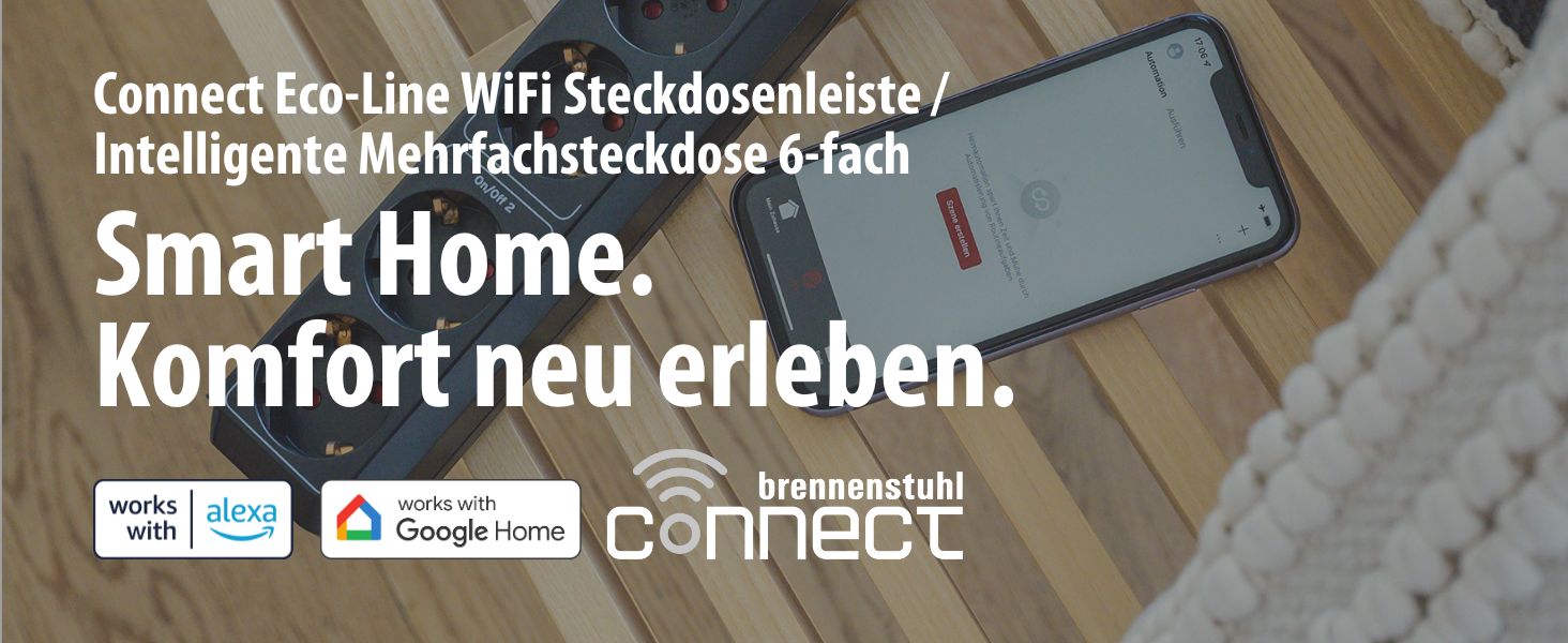 Розумний подовжувач Brennenstuhl Connect Eco-Line WiFi на 6 розеток, керування через додаток, Alexa та Google Assistant, кабель 1.5м, чорний