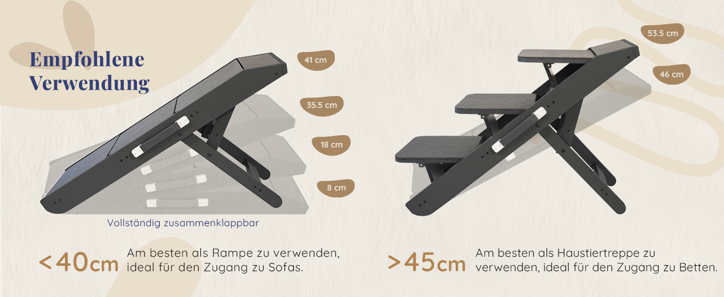 Сходинки для собак на ліжко та диван 2-в-1 - регульована рамка для собак, 18-50 см - для маленьких собак - легкі сходинки з платформою, натуральне дерево (чорний)