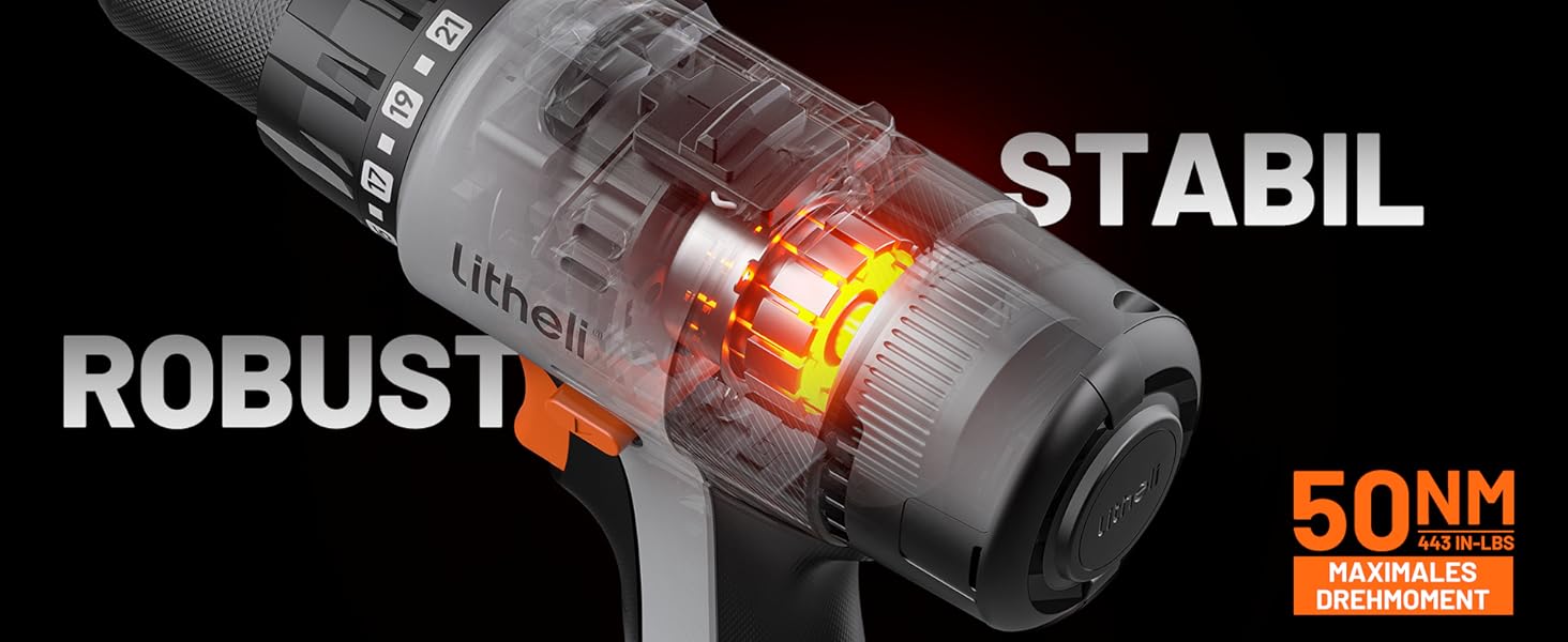 Акумуляторний дриль-шуруповерт Litheli 20V з акумулятором 10000mAh, 60 Nm, 17+1 ступенів, патрон 13 мм, 2 швидкості, LED-підсвічування, для дому