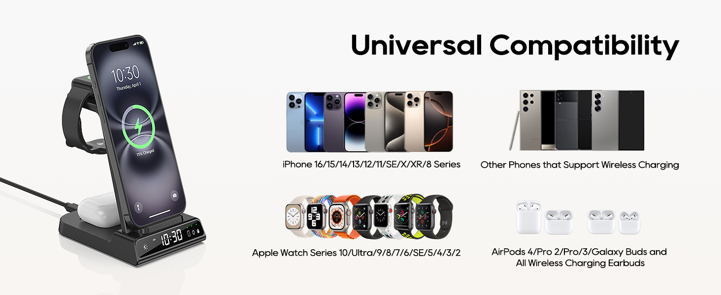 Зарядна станція 3-в-1 для Apple Watch та iPhone: Бездротовий зарядний пристрій з цифровим годинником, сумісний з iPhone 17/16/15/14/13 та iWatch 10/9/8/7/6/SE, AirPods 4/3 - Чорний