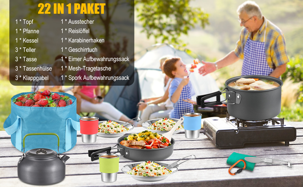 Набір посуду для кемпінгу Aomiun на 3 особи (22 частини) | Посуд для приготування їжі на природі, піших прогулянок та подорожей