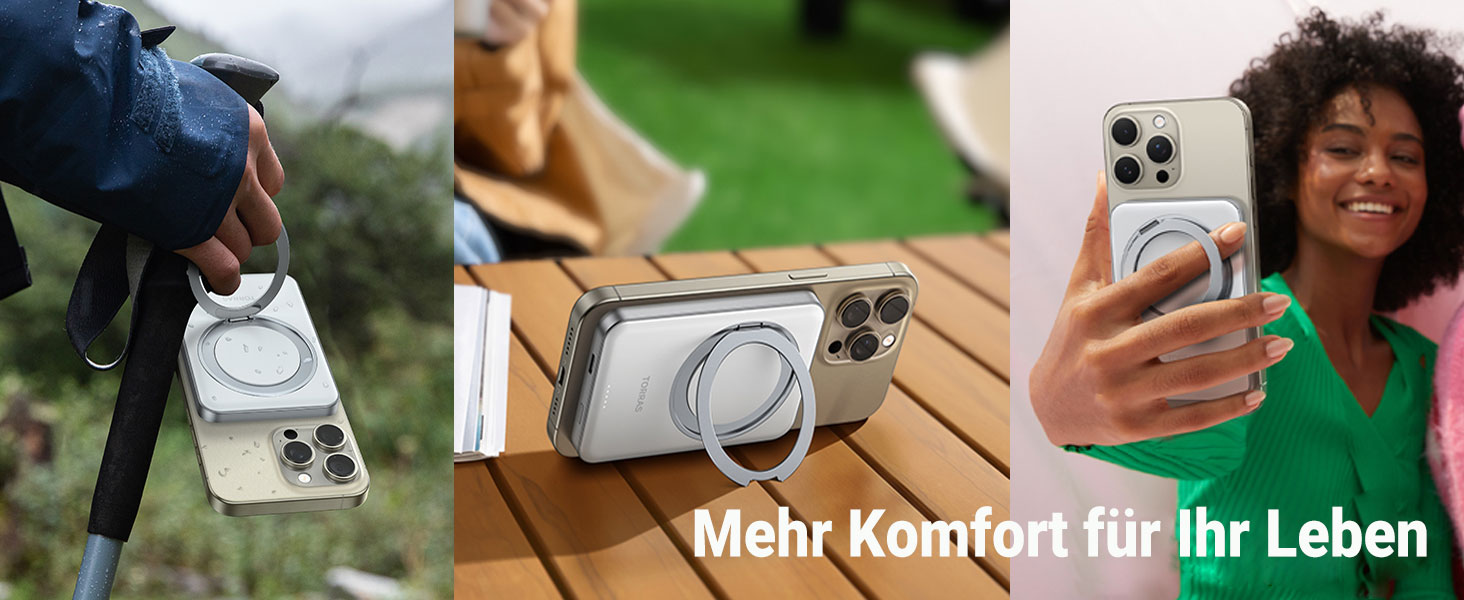 Портативний зарядний акумулятор TORRAS MagSafe 5000mAh з кільцем для iPhone 16/15/14/13/12. Бездротова зарядка, USB-C, швидка зарядка, білий