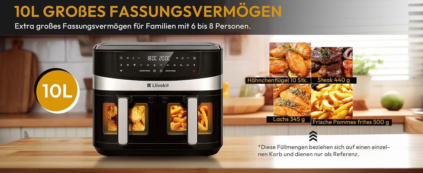 Аерофритюрниця LLIVEKIT з двома камерами 2x4,5л (10л), 8 програм, 4D конвекція, енергоощадна, чорна