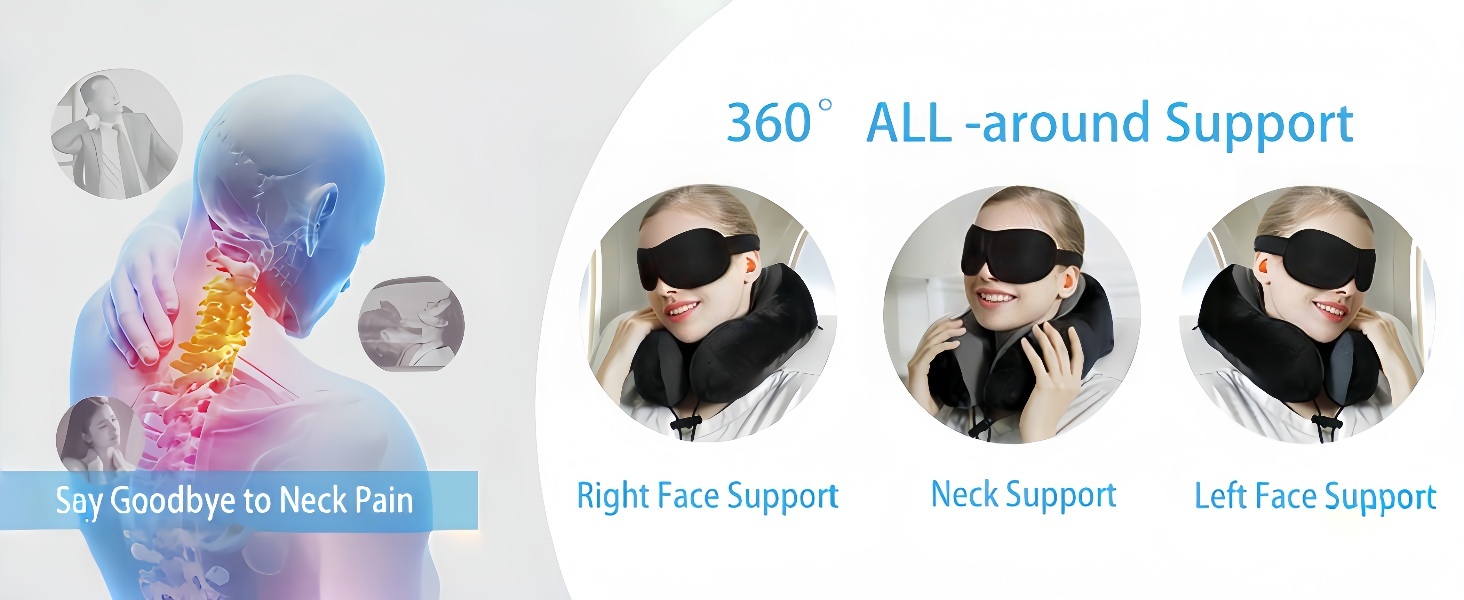 Подушка для шиї в літак, поїздки: Memory Foam, регульована, компактна, ергономічна, м'яка, дихаюча з навушниками, маскою для сну, чохлом (Чорний)