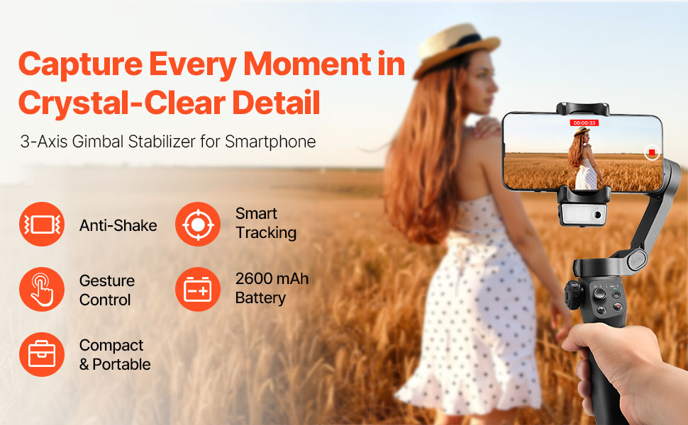 Стабілізатор для смартфона VEVOR з 3-осьовою стабілізацією, трекінг облич/об'єктів, штатив, портативний та складаний, для відеозйомки, DC 3.5–4.2V (без підсвічування, AI-трекінг)