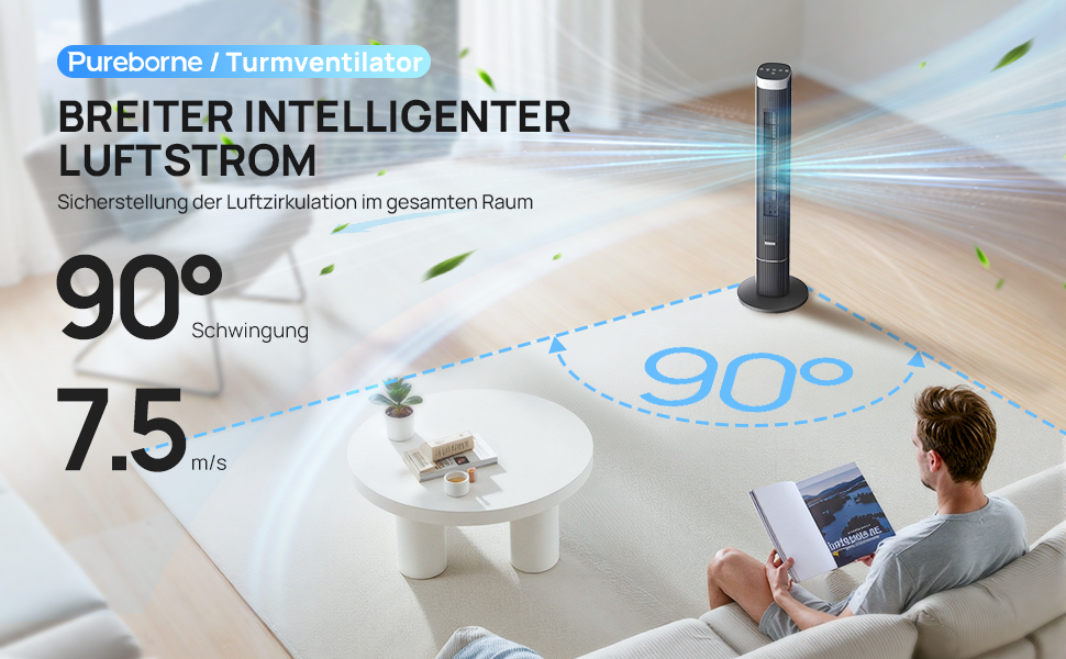 Вентилятор Pureborne Leiser: Турбо-вентилятор з осциляцією 90°, Wi-Fi, пульт, 4 режими, таймер 12 год, чорний, 102 см