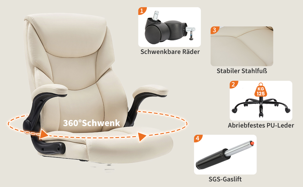 Крісло шеф-кухаря Sweetcrispy з PU шкіри, ергономічне офісне крісло, крісло для комп'ютера з високою спинкою, геймерське крісло для роботи та відпочинку, біле