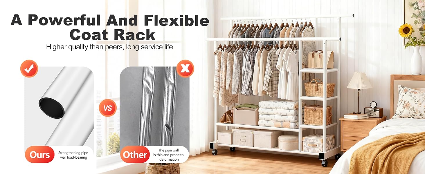 Вешалка для одягу на колесах, шестиярусна полиця з двома штангами, біла