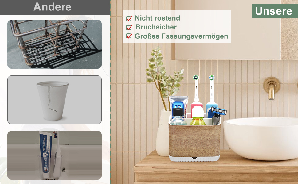 Тримач для зубних щіток електричних з отворами для стоку, дерев'яниста текстура, органайзер для зубних щіток на 4 слоти, легкий у чищенні, для ванної кімнати, коричневий малюнок деревини, середній