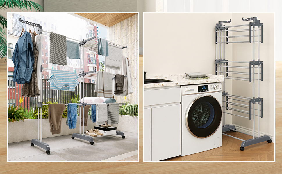 Сушарка для білизни 3-ярусна, турбо-тип, 75-200 см, висувна, з 2 обертовими крилами, висота 180 см, економна, на колесах, для квартири, балкону та саду (сіра)