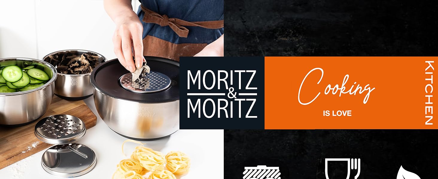 Миска для перемішування Moritz & Moritz 5er з кришкою - 0,6-4,5л - нержавіюча сталь з антиковзними ніжками без BPA - Складається, саладова миска з кришкою та 3 тертки - придатна для миття в посудомийній машині