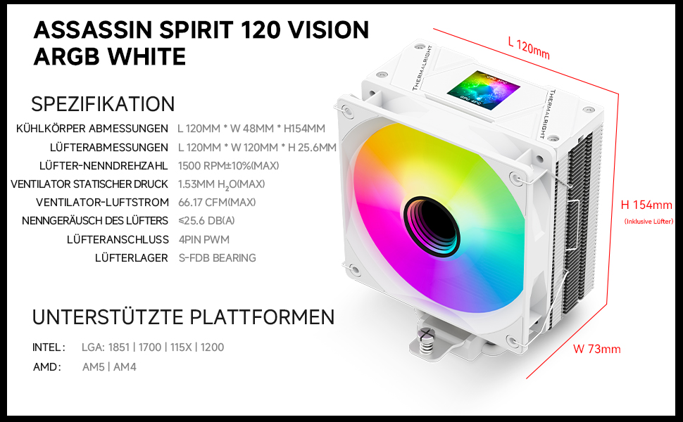 Thermalright Assassin Spirit 120 Vision ARGB - Кулер CPU з РК-дисплеєм, білий, для Intel LGA1851/1700, AM4/AM5