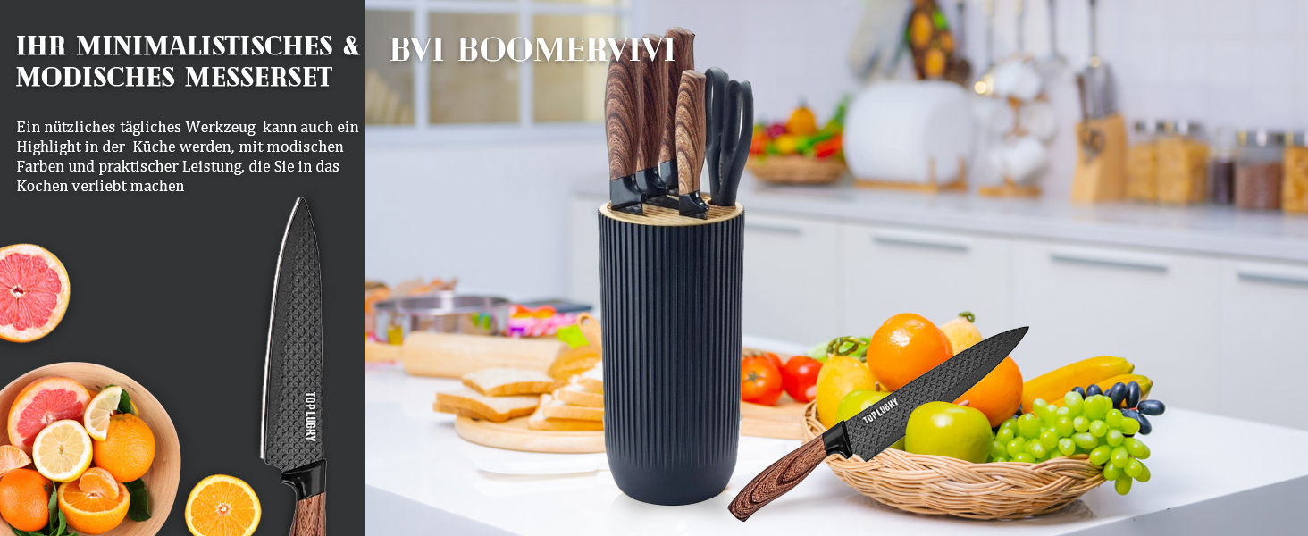 Набір кухонних ножів, 6 предметів, чорний, гострий, з антипригарним покриттям, нержавіюча сталь, з підставкою для ножів (чорний)