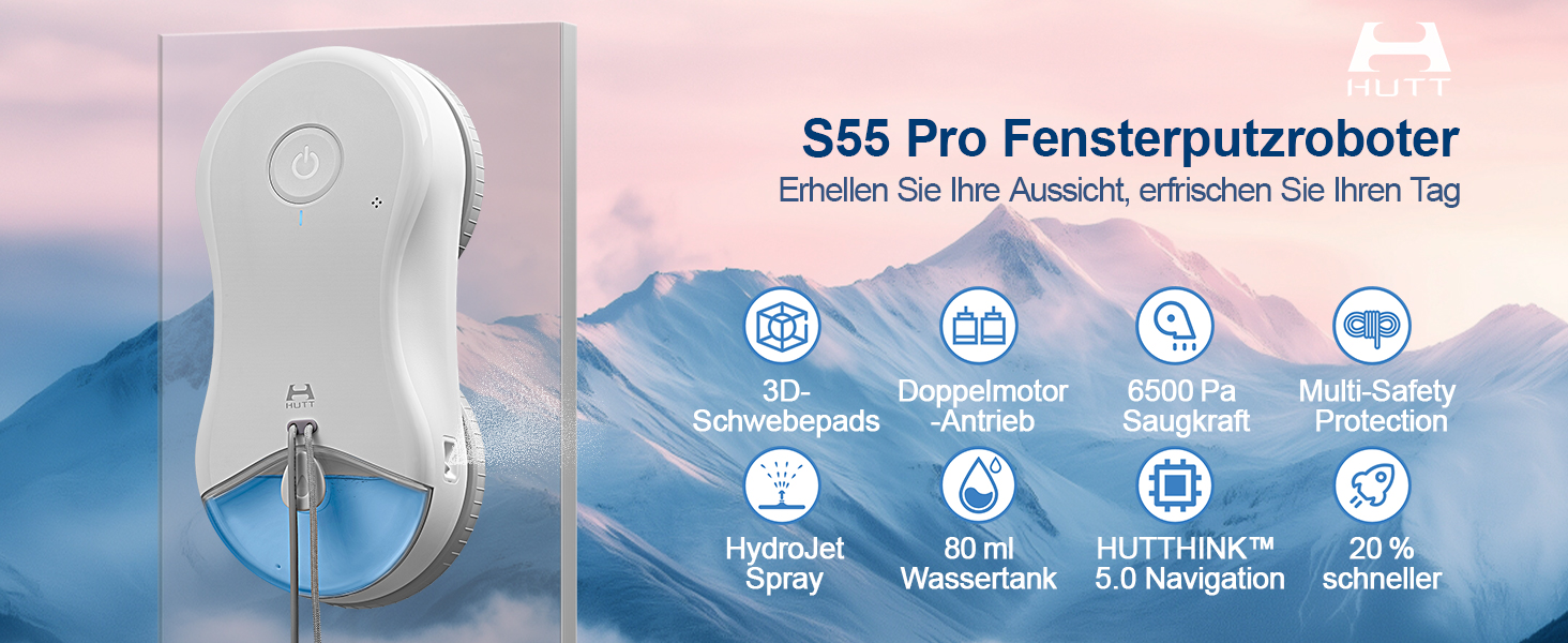 Робот для миття вікон HUTT S55 Pro з 3D-подушками, 6500 Па, HydroJet, SLAM 4.0, 80 мл, система безпеки – білий