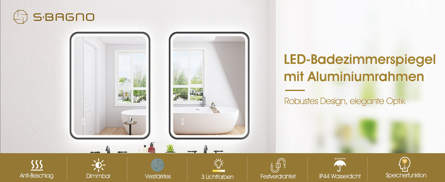 Дзеркало для ванної кімнати S'bagno з підсвічуванням 100x70 см, з алюмінієвою рамою, антизапарююче, 3000-6500K, функція пам'яті, IP44, горизонтальне/вертикальне, чорний колір, M99 (без Bluetooth)