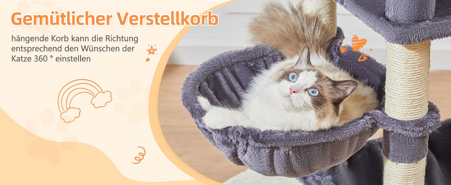 Дерев'яний комплекс для котів Taoqimiao MS026W (темно-сірий, 146 см) з будиночками, гамаком та 8 стовпчиками для шліфування кігтів