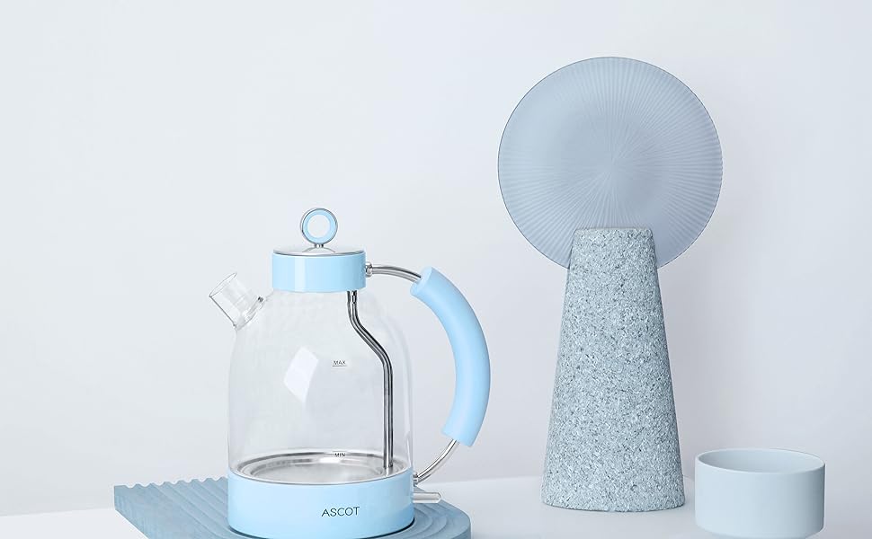 Електричний чайник ASCOT зі скла, 1,5L, блакитний, з функцією захисту від сухого кипіння та автоматичним вимкненням. Ідеальний подарунок для чоловіків, жінок та сім'ї.