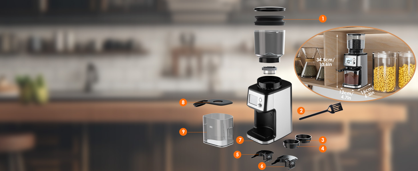 Електрична кавомолка Homtone для еспресо та френч-прес, 51 ступінь помолу, нержавіюча сталь, LCD-дисплей, 165W