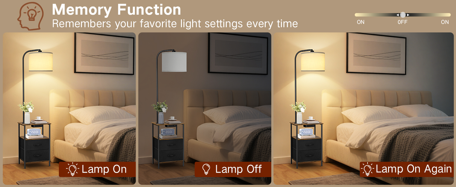 Стельова лампа для вітальні з тумбою та полицею, регульована LED, з пультом, 3 колірні температури, приліжкова тумба з зарядкою та полицею, дерев'яний столик для спальні/офісу (чорний з шухлядами)