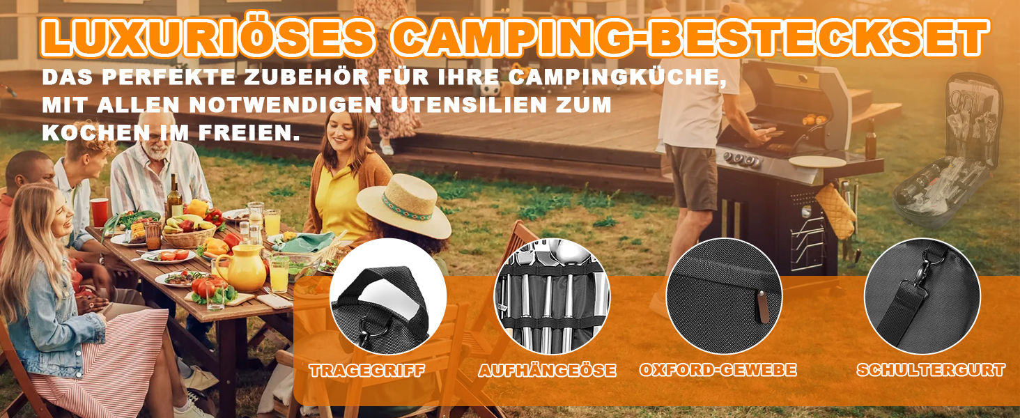 Набір кухонного приладдя для кемпінгу TIHOOK 36 шт. з нержавіючої сталі, з органайзером та 10 шампурами для гриля, для пікніків, походів та кемпінгу