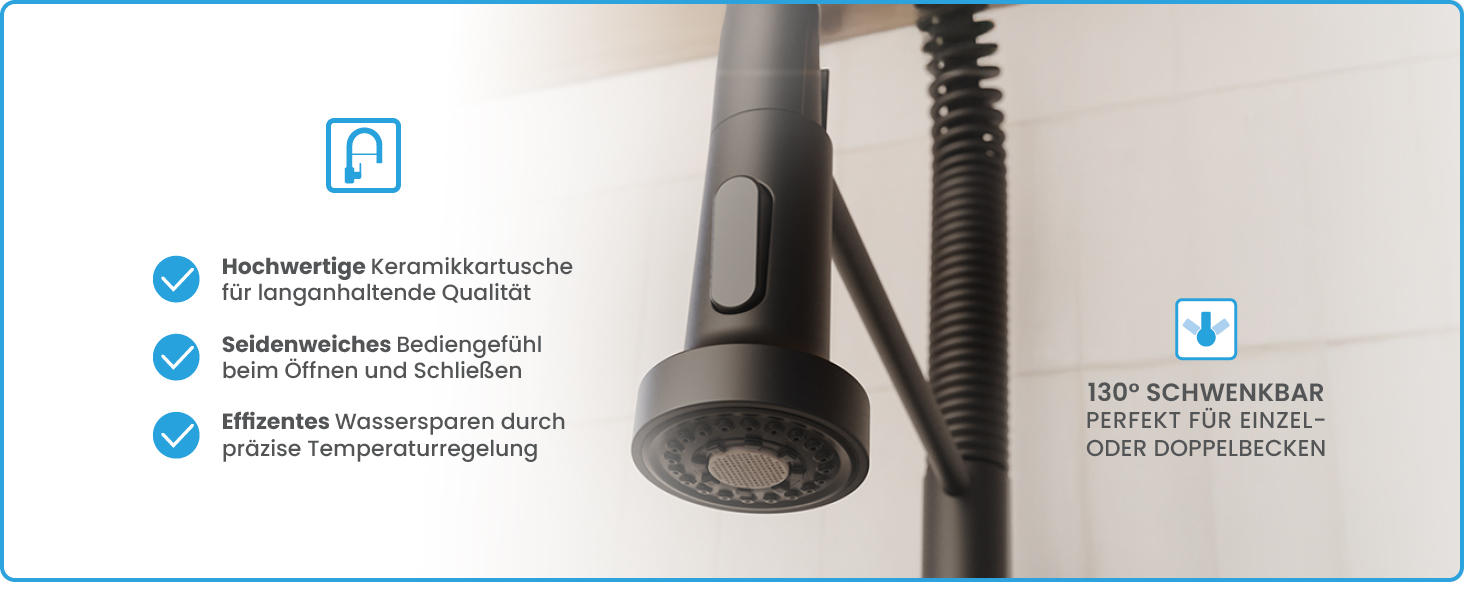 Кухонний змішувач Bächlein Nedo – поворотний на 360°, матовий чорний, з нержавіючої сталі, з гнуким виливом та висувною лійкою, для кухні