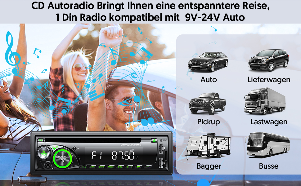 1DIN автомобільна магнітола 9-24V з CD/DVD, Bluetooth, RDS, FM/AM, MP3, 2 USB, SD, AUX, керування з керма, 7 кольорів, зелена