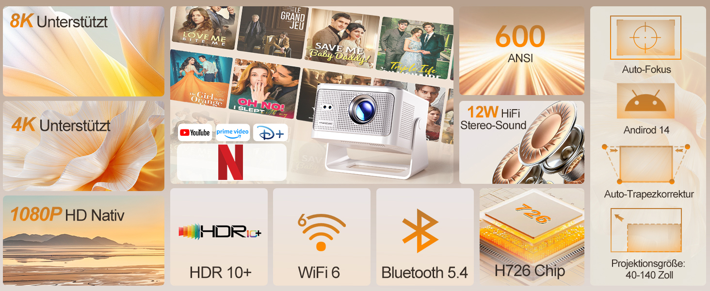 Magcubic Mini Beamer 4K/8K: Портативний проєктор з Android 14, WiFi 6, Bluetooth 5.4, автофокусом та 12W динаміком. Модель HY350MAX