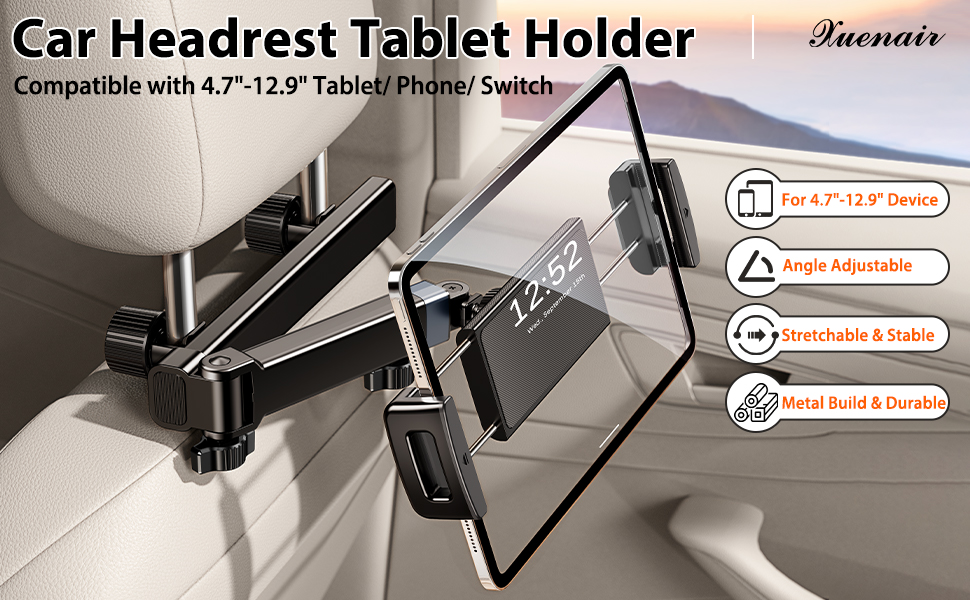 Тримач для планшета в авто, [алюмінієвий довгий кріплення] Тримач для планшету на підголівник авто, [надійно фіксується] Тримач для iPad в авто, чорний, H2