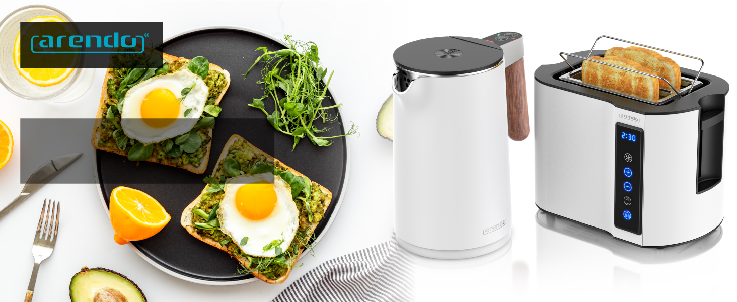 Набір Arendo: Електричний чайник з регулюванням температури та тостер на 4 скибочки з підігрівом - нержавіюча сталь, білий матовий