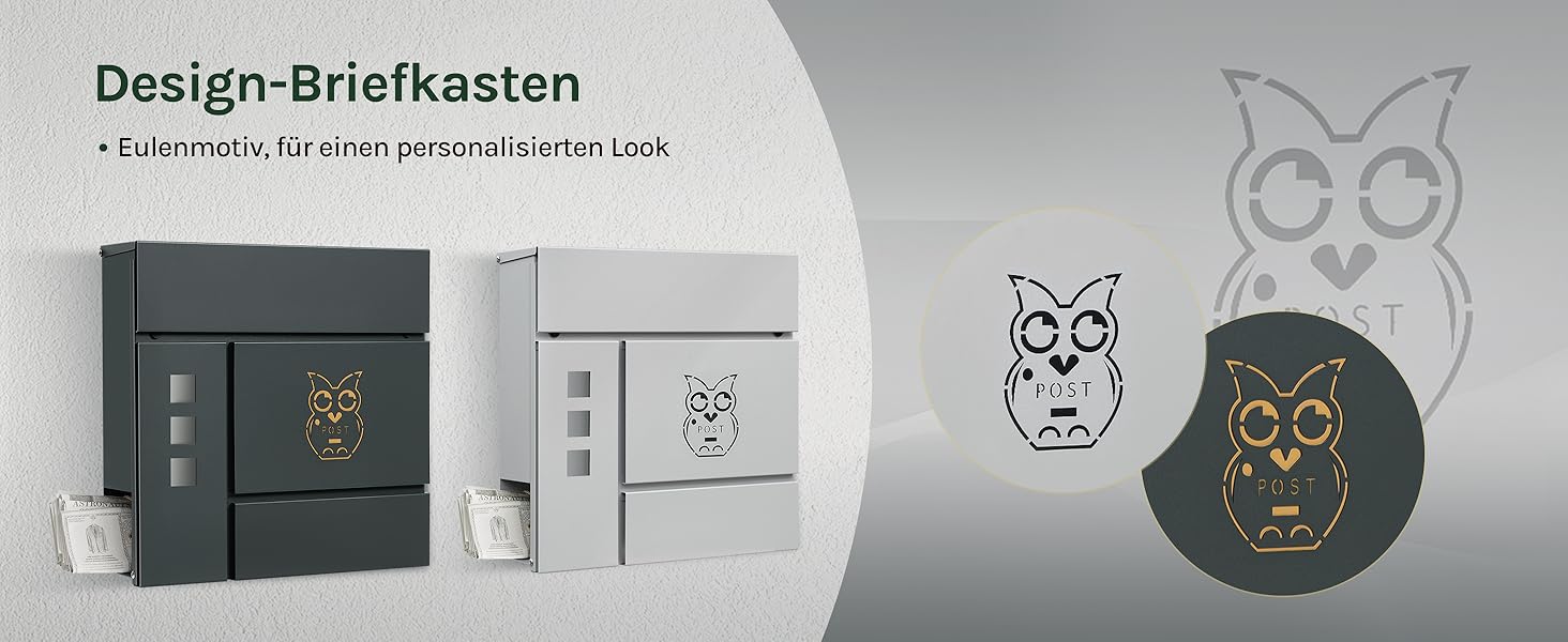 Поштова скринька WOLTU XXL з газетницею, оглядовим вікном, замком та 2 ключами, антрацит+жовтий (10,5x37x37 см)