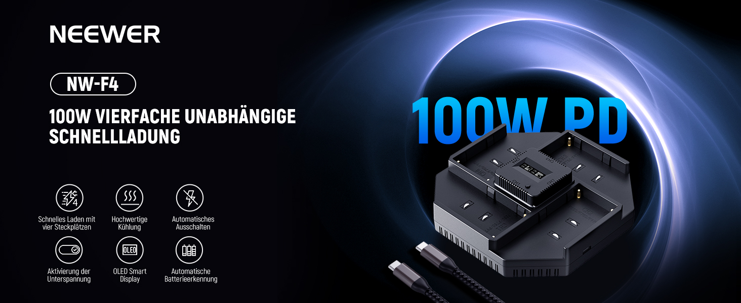 Зарядний пристрій NEEWER NP-F970 з 4 каналами для акумуляторів NP-F550/NP-F750, 100W PD, OLED дисплей, USB-C кабель