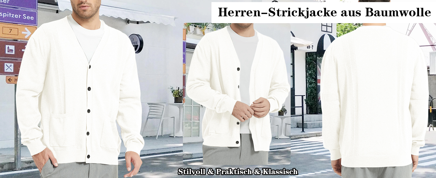 Чоловічий кардиган з в'язаного полотна, з V-подібним вирізом, чоловічий светр з довгими рукавами, класичний зимовий кардиган з ґудзиками та кишенями (білий, XXL)