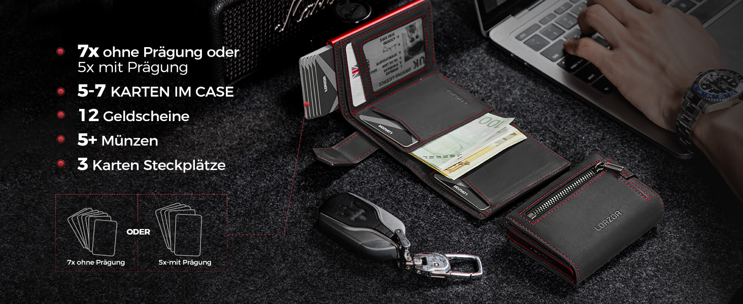 Чоловіче картхолдер LORZOR з магнітною застібкою, slim-гаманець з відділенням для монет, RFID захистом, вміщує 10 карт, smart-гаманець, червоний