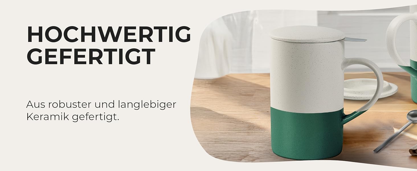 Набір чашок для чаю Miamio 2 шт по 500 мл з кришкою та ситом, керамічні чайники з чайним ситом та ложкою для заварювання листового чаю, подарунок для жінок, безпечні для мікрохвильової печі та посудомийної машини (Темно-зелений)