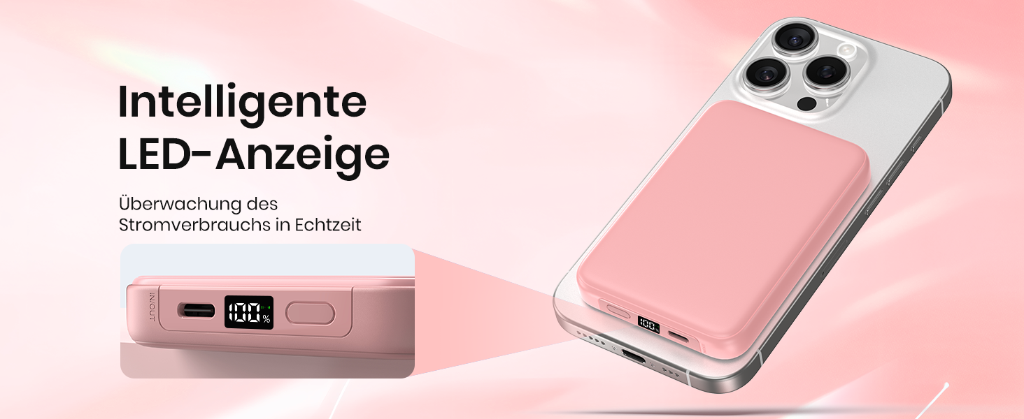 Power Bank Riapow 10000mAh з бездротовою зарядкою, PD 20W, USB-C, LED-індикатор (Рожевий)